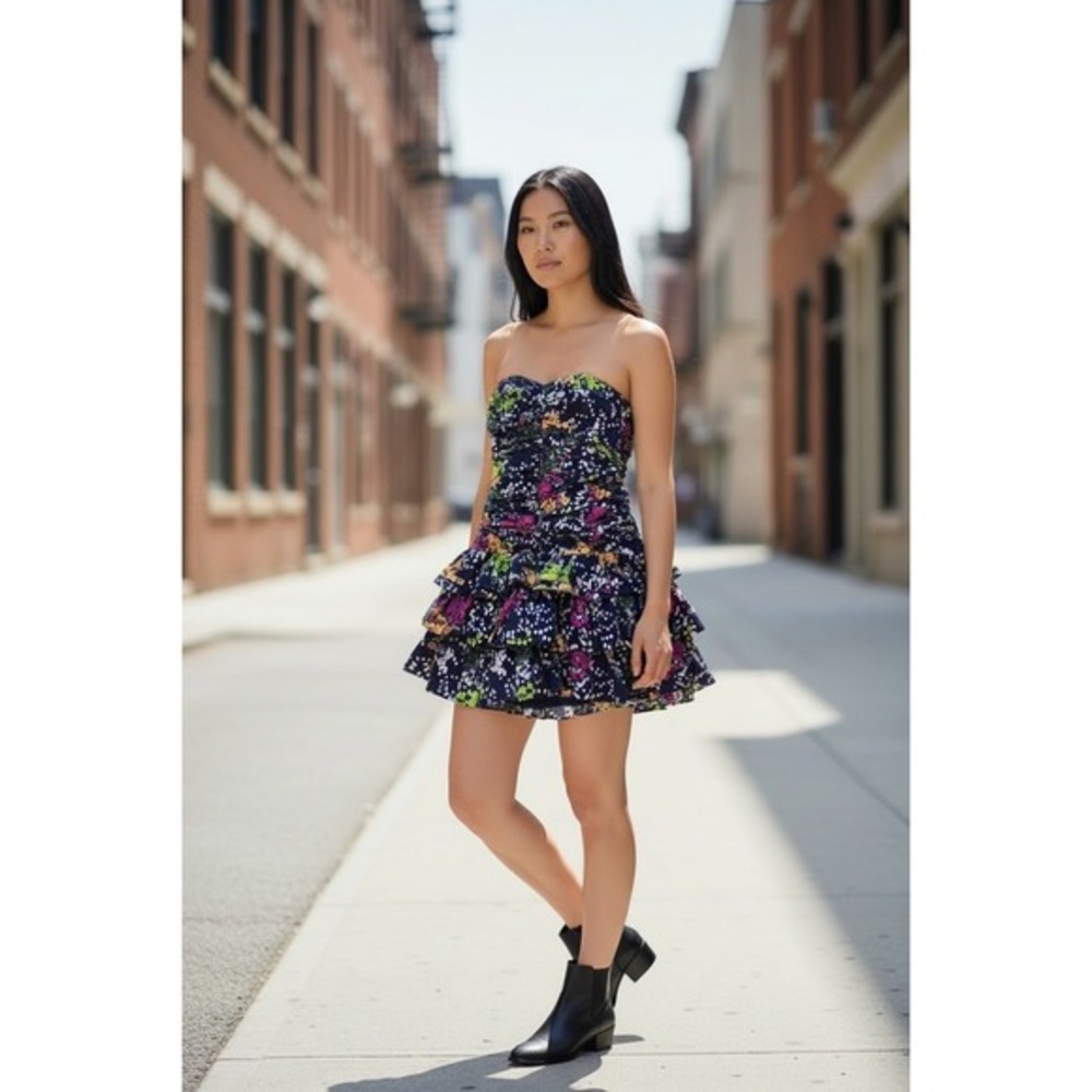 Moda International Navy Floral Polka Dot Strapless Ruffle Mini Dress 0 HOCO Prom